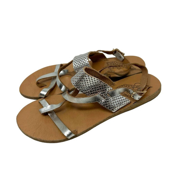 Ancient Greek Sandals Lasercut‎ Flat Leather Sandals Silver Size 38 US 8 - Picture 3 of 7